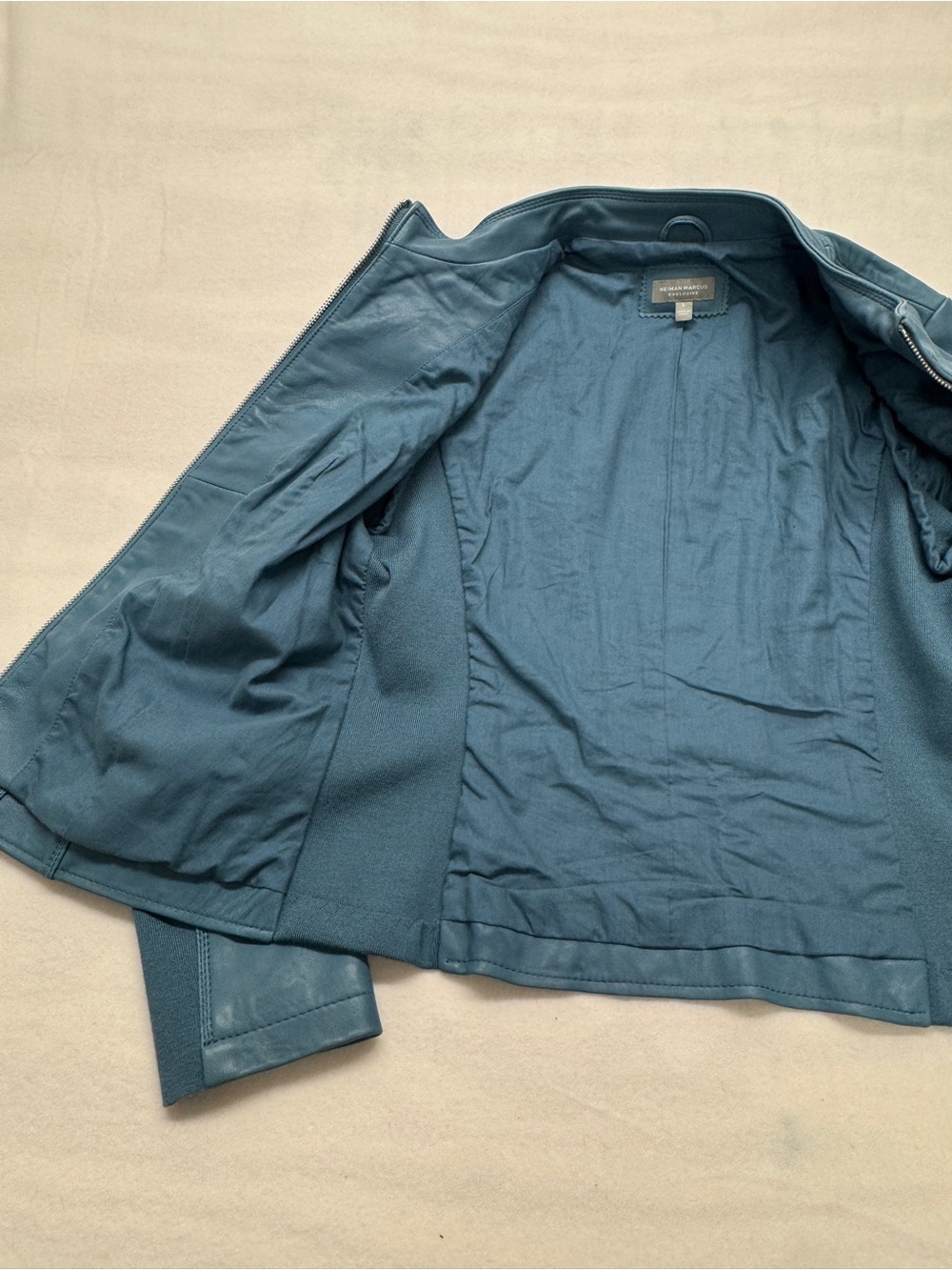 Neiman Marcus Exclusive Women's Blue Leather Zip-Front Jacket - Picture 10 of 14